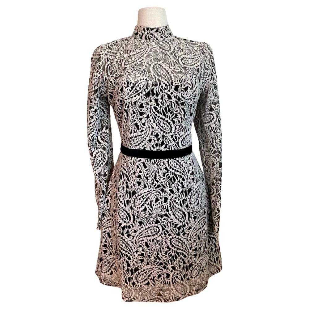Lost + Wander lace Above The Knee Dress in Cream/Black W/Velvet waist detail L